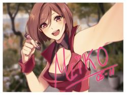 Rule 34 | 1girl, birthday, black bra, blurry, blurry background, bra, brown eyes, brown hair, commentary, crop top, dated, english commentary, foreshortening, highres, holding, holding marker, jacket, looking at viewer, marker, meiko (vocaloid), open mouth, outstretched arm, plant, red jacket, selfie, short hair, smile, solo, tree, underwear, upper body, vocaloid, wrist cuffs, yen-mi