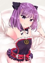 Rule 34 | 1girl, arm up, armpits, bare shoulders, belt, black leotard, blush, chawan (yultutari), closed mouth, detached collar, detached sleeves, fate/grand order, fate (series), from above, helena blavatsky (fate), highres, leotard, looking at viewer, looking up, lying, neck ribbon, on back, purple eyes, purple hair, reaching, reaching towards viewer, ribbon, selfie, short hair, smile, solo, strapless, strapless leotard, v, white ribbon