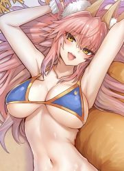 Rule 34 | 1girl, animal ear fluff, animal ears, bare shoulders, bikini, blue bikini, blush, breasts, cleavage, collarbone, fate/grand order, fate (series), fox ears, fox girl, fox tail, highres, large breasts, long hair, looking at viewer, navel, open mouth, pink hair, sidelocks, smile, solo, swimsuit, tail, tamamo (fate), tamamo no mae (fate/extra), tamamo no mae (swimsuit lancer) (fate), wisespeak, yellow eyes