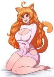Rule 34 | 1girl, absurdres, ahoge, animal ears, artist name, blush, breasts, cat ears, cat girl, cat tail, cleavage, cleavage cutout, clothing cutout, commission, fang, full body, highres, inhus, large breasts, lips, long hair, long sleeves, looking away, open mouth, orange hair, original, purple eyes, sitting, sleeves past wrists, smile, solo, sweater, tail, teeth, thick thighs, thighs, upper teeth only, very long hair, wariza, wavy hair, white sweater