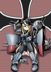 Rule 34 | 10s, 1girl, anchor hair ornament, aqua eyes, black ribbon, black skirt, blonde hair, blue eyes, c:, cannon, cross, crotch seam, gloves, hair ornament, hat, iron cross, kamizono (spookyhouse), kantai collection, long hair, long sleeves, looking at viewer, low twintails, machine, machinery, mecha, microskirt, military, military hat, military uniform, panties, pantyshot, peaked cap, pleated skirt, prinz eugen (kancolle), ribbon, robot, sitting, skirt, smile, solo, turret, twintails, underwear, uniform, weapon, white gloves, white panties