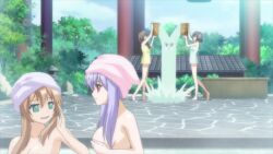 5girls animated anime_screenshot black_hair blonde_hair blue_eyes bouncing_breasts breasts brown_hair grabbing_own_breast green_eyes highres kiriya_nozomi maid_headdress mayoi_neko_overrun! medium_breasts multiple_girls naked_towel no_nipples onsen purple_hair red_eyes serizawa_fumino tagme towel towel_on_head umenomori_chise video