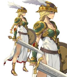 Rule 34 | 1girl, armor, armored dress, bare legs, belt, blonde hair, blue eyes, bow, braid, breastplate, breasts, cleavage, enami katsumi, full body, green armor, hair bow, helmet, highres, holding, holding sword, holding weapon, long hair, low-tied long hair, multiple views, pauldrons, robe, sandals, shaded face, shield, shoulder armor, shoulder pads, simple background, single braid, solo, standing, sword, valkyrie (vnd), valkyrie no densetsu, weapon, white background, white robe, winged helmet