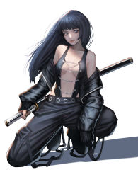 Rule 34 | 1girl, absurdres, bare shoulders, black hair, black jacket, black pants, blunt bangs, breasts, chain, closed mouth, collarbone, commentary, full body, highres, holding, holding sword, holding weapon, jacket, jungon kim, kneeling, long hair, long sleeves, looking at viewer, medium breasts, on one knee, open clothes, open jacket, original, pants, purple eyes, simple background, solo, sword, weapon, white background, zipper