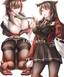 Rule 34 | 1girl, :d, animal ears, arknights, ass, black jacket, black neckwear, black pantyhose, black skirt, blazer, blush, breasts, breath, brown eyes, brown hair, cat ears, cleavage, commentary request, copyright name, covered erect nipples, cropped torso, feet, hair over one eye, hand on own hip, highres, jacket, kasari, large breasts, long hair, long sleeves, looking at viewer, miniskirt, multiple views, necktie, necktie grab, neckwear grab, no shoes, open mouth, pantyhose, pleated skirt, red jacket, shirt, simple background, skirt, skyfire (arknights), smile, striped clothes, striped neckwear, thighband pantyhose, thighs, tongue, tongue out, upper body, vertical-striped clothes, vertical-striped necktie, vertical stripes, white background, white shirt