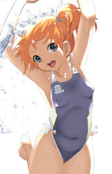 Rule 34 | 1girl, asymmetrical hair, blue eyes, blue one-piece swimsuit, blush, breasts, cameltoe, covered erect nipples, creatures (company), earrings, eyelashes, game freak, gym leader, hair between eyes, hair tie, heart, highres, jewelry, looking at viewer, makoto daikichi, misty (pokemon), navel, nintendo, nipples, one-piece swimsuit, open mouth, orange hair, pokemon, pokemon rgby, ponytail, revision, shirt, short hair, short shorts, shorts, side ponytail, small breasts, smile, solo, stomach, swimsuit, water, yellow shirt