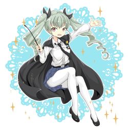 Rule 34 | 10s, 1girl, anchovy (girls und panzer), anzio school uniform, belt, black belt, black cape, black footwear, black necktie, black ribbon, black skirt, cape, commentary, doily, dress shirt, drill hair, emblem, full body, gesture, girls und panzer, green hair, hair ribbon, highres, holding, holding riding crop, invisible chair, legs, long hair, long sleeves, looking at viewer, miniskirt, necktie, open mouth, outline, pantyhose, pleated skirt, red eyes, ribbon, riding crop, school uniform, shibagami, shirt, shoes, sitting, skirt, smile, solo, spread legs, twin drills, twintails, white pantyhose, white shirt