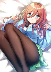Rule 34 | 1girl, :t, bad id, bad pixiv id, bed sheet, blue cardigan, blue eyes, blush, breasts, brown hair, brown pantyhose, cardigan, closed mouth, commentary request, feet out of frame, go-toubun no hanayome, green skirt, hair between eyes, headphones, headphones around neck, highres, large breasts, long hair, long sleeves, lying, minami saki, nakano miku, no shoes, on back, pantyhose, pleated skirt, pout, shirt, skirt, sleeves past wrists, solo, white shirt