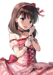 Rule 34 | 1girl, bare shoulders, blush, brown hair, collarbone, commentary, detached sleeves, dress, gloves, hairband, head tilt, idolmaster, idolmaster cinderella girls, long hair, midorikawa you, parted lips, pink dress, pink hairband, puffy short sleeves, puffy sleeves, sakuma mayu, short sleeves, simple background, smile, solo, strapless, strapless dress, white background, white gloves