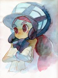 Rule 34 | 1girl, absurdres, black hair, bonnet, bright pupils, closed mouth, creatures (company), crossed arms, dark-skinned female, dark skin, donnpati, frown, game freak, gloves, hapu (pokemon), highres, island kahuna, long hair, nintendo, painting (medium), pokemon, pokemon sm, purple eyes, solo, thick eyebrows, traditional media, upper body, watercolor (medium), white gloves, white pupils