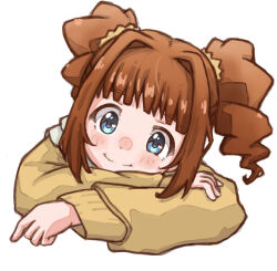 Rule 34 | 1girl, blue eyes, blush, brown hair, commentary request, head rest, highres, idolmaster, idolmaster (classic), long hair, looking at viewer, mikami (3kami), sidelocks, simple background, smile, solo, sweater, takatsuki yayoi, twintails, upper body, white background
