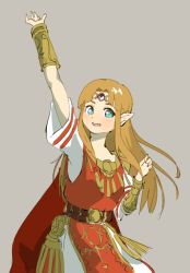 Rule 34 | 1girl, alternate color, arm up, blue eyes, bracer, cape, circlet, dress, gem, grey background, hair intakes, hand up, highres, long hair, looking at viewer, nintendo, nishikuromori, open mouth, orange hair, pointy ears, princess, princess zelda, red cape, short sleeves, simple background, smile, solo, straight hair, super smash bros., the legend of zelda, the legend of zelda: a link between worlds, white dress