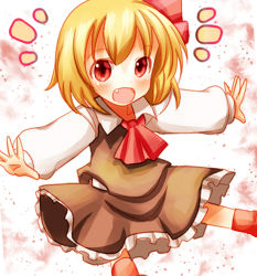 Rule 34 | 1girl, :d, bad id, bad pixiv id, blonde hair, blouse, fang, frilled skirt, frills, hair ribbon, ishimori sakana, open mouth, outstretched arms, red eyes, ribbon, rumia, shirt, skirt, smile, solo, spread arms, touhou, vest