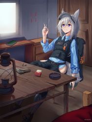 Rule 34 | 1girl, absurdres, arknights, artist name, ashtray, ass, black necktie, blue shirt, book, bullet, chair, cigarette, closed mouth, collared shirt, commission, desk, dethmaid, frown, grani (arknights), grey hair, gun, handgun, highres, holding, holding cigarette, indoors, long hair, looking away, looking up, necktie, pistol, purple eyes, shirt, sitting, smoking, solo, weapon