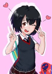 Rule 34 | 1girl, backpack, bag, black hair, black sweater vest, breasts, brown hair, double v, female focus, heart, looking at viewer, mr.n, one eye closed, open mouth, peni parker, pink background, pleated skirt, school uniform, short hair, silhouette, simple background, skirt, small breasts, smile, solo focus, sp//dr, spoken heart, sweater vest, v, wink