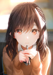 Rule 34 | 1girl, :d, black hair, brown eyes, commentary, elbows on table, highres, holding, holding pencil, long hair, looking at viewer, mechanical pencil, ojay tkym, open mouth, original, paper, pencil, sitting, smile, sunlight, sweater, symbol-only commentary, table