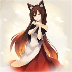 Rule 34 | 1girl, animal ears, bare shoulders, beige background, black nails, brown hair, collarbone, commentary request, dress, falken (yutozin), fingernails, hair between eyes, hands up, highres, imaizumi kagerou, long dress, long fingernails, long hair, long sleeves, looking at viewer, multicolored clothes, multicolored dress, nail polish, off-shoulder dress, off shoulder, one-hour drawing challenge, own hands together, parted lips, red dress, red eyes, smile, solo, touhou, very long hair, white dress, wide sleeves, wolf ears