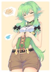 Rule 34 | 10s, 1girl, belt, blush, border, breasts, cat with a brush, embarrassed, goblin slayer!, green eyes, green hair, hair between eyes, high elf archer (goblin slayer!), highres, long hair, outside border, pointy ears, shorts, sidelocks, small breasts, solo, squiggle, tan background, white border