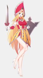 Rule 34 | 1girl, armor, armored dress, blonde hair, breasts, duel monster, full body, gloves, grey background, helmet, high heels, highres, holding, holding shield, holding sword, holding weapon, knight, long hair, medium breasts, nami qi, open mouth, purple eyes, queen&#039;s knight, shield, simple background, solo, standing, sword, very long hair, weapon, white gloves, yu-gi-oh!