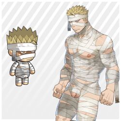 Rule 34 | 1boy, absurdres, bandages, bara, beard stubble, chibi, cowboy shot, ero condo, facial hair, flaccid, frown, highres, kienbiu, looking at viewer, male focus, mummy costume, muscular, muscular male, naked bandage, nipples, official alternate costume, paid reward available, pectorals, penis, punt (kienbiu), short hair, simple background, solo, standing, stubble, thighs, uncensored, underpec