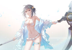 Rule 34 | 1girl, absurdres, ahoge, arknights, bare shoulders, bikini, blue jacket, commentary request, cowboy shot, gradient background, grey background, grey eyes, grey hair, groin, highres, holding, holding scythe, holding weapon, innoarukugyou, jacket, la pluma (arknights), la pluma (summer flowers) (arknights), looking at viewer, navel, off shoulder, parted lips, scythe, short hair, solo, standing, stomach, swimsuit, thigh strap, thighs, weapon, white background, white bikini