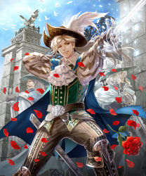 Rule 34 | 3boys, ;), ascot, athos, belt, black gloves, blonde hair, blue cape, blue sky, brown hair, cape, cavalier hat, d&#039;artagnan, day, feathers, flower, gate, gloves, hat, hat feather, highres, hinata gureko, long hair, male focus, multiple boys, musketeer, one eye closed, outdoors, porthos, rose, sheath, shingoku no valhalla gate, silver hair, sky, smile, standing, statue, white feathers, white gloves