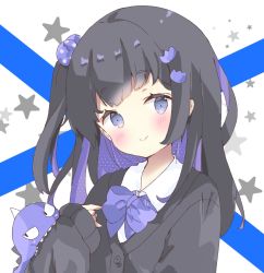 Rule 34 | 1girl, black cardigan, black hair, blouse, blush, bow, cardigan, closed mouth, collared shirt, hair bobbles, hair ornament, highres, long hair, long sleeves, looking at viewer, one side up, original, purple bow, purple eyes, shirt, sleeves past wrists, smile, solo, star (symbol), starry background, thick eyebrows, tsukiyo (skymint), upper body, white background, white shirt