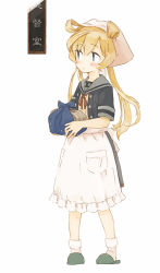Rule 34 | 1girl, abukuma (kancolle), apron, black jacket, blonde hair, blue eyes, blush, closed mouth, enu (roco roco44), frilled apron, frills, full body, green footwear, grey sailor collar, hair between eyes, hair rings, head scarf, holding, jacket, kantai collection, long hair, looking away, neck ribbon, open clothes, open jacket, red ribbon, ribbon, sailor collar, short sleeves, sign, slippers, socks, solo, standing, translation request, twintails, very long hair, waist apron, white apron, white background, white footwear