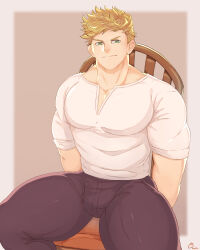 Rule 34 | 1boy, absurdres, artist name, bara, black pants, blonde hair, chair, closed mouth, commission, granblue fantasy, green eyes, highres, large pectorals, male focus, muscular, muscular male, pants, pectoral cleavage, pectorals, rapbitan, shirt, short hair, simple background, sitting, smile, solo, thick thighs, thighs, vane (granblue fantasy), white shirt