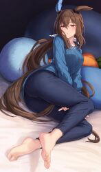 Rule 34 | 1girl, admire vega (umamusume), alternate costume, animal ears, ass, barefoot, blue pants, blue sweater, blush, bow, brown hair, commentary request, ear ornament, hair between eyes, hair bow, highres, horse ears, horse girl, horse tail, long sleeves, looking at viewer, low ponytail, lying, on bed, on side, open mouth, pants, red eyes, solo, starheart, stuffed carrot, stuffed toy, sweater, tail, toes, umamusume, white bow