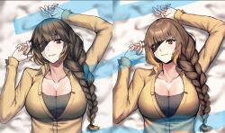 Rule 34 | breasts, brown eyes, brown hair, eyepatch, girls&#039; frontline, large breasts, long hair, looking at viewer, lying, m16a1 (girls&#039; frontline), scar, shirt, smile, xanax025, yellow shirt
