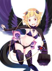 Rule 34 | 1girl, :d, bikini, black shorts, black sleeves, black thighhighs, black wings, blonde hair, breasts, bridal gauntlets, capella emerada lugnica, cleavage, clenched hand, demon girl, dragon tail, feathered wings, groin, hair ornament, highres, leg up, long sleeves, looking at viewer, micro shorts, multicolored wings, navel, nemu mohu, open mouth, outstretched arm, purple bikini, purple wings, re:zero kara hajimeru isekai seikatsu, red eyes, short hair, short shorts, shorts, sideboob, simple background, small breasts, smile, solo, swimsuit, tail, thighhighs, underboob, white background, wings
