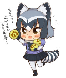 Rule 34 | 10s, 1girl, animal ears, black bow, black hair, black skirt, blush, bow, brown eyes, chibi, common raccoon (kemono friends), fang, flying sweatdrops, food, food on face, fur collar, hair between eyes, holding, holding food, japari symbol, kemono friends, leopard (artist), open mouth, pleated skirt, puffy short sleeves, puffy sleeves, purple shirt, raccoon ears, raccoon tail, shirt, short sleeves, simple background, skirt, solo, standing, standing on one leg, tail, translated, v-shaped eyebrows, white background