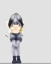 Rule 34 | 10s, 1girl, black hair, clothes pull, full body, grey background, grey hair, grey shorts, kemono friends, leaning forward, long hair, looking at viewer, low ponytail, multicolored hair, nipples, orange hair, shoebill (kemono friends), shorts, shorts pull, side ponytail, simple background, sman, solo, standing, topless, undressing, yellow eyes