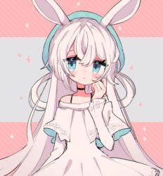 Rule 34 | 1girl, aliceyawnin, animal ears, bad id, bad tumblr id, blue eyes, commentary request, dress, eyelashes, flat chest, looking at viewer, original, rabbit ears, solo, upper body, white dress, white hair, white theme