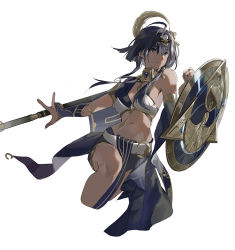 Rule 34 | 1girl, ahoge, bare shoulders, blue eyes, breasts, buri (retty9349), character request, closed mouth, copyright request, cross, fingernails, hair between eyes, hair ornament, holding, holding polearm, holding weapon, jewelry, looking away, medium breasts, medium hair, navel, polearm, shield, simple background, skirt, solo, spear, stomach, weapon