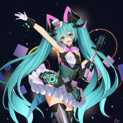 Rule 34 | 1girl, :d, asymmetrical legwear, bare shoulders, black bow, black sleeves, black thighhighs, blue eyes, bow, circle skirt, commentary, detached sleeves, gloves, green hair, green skirt, green vest, hair between eyes, hair bow, hat, hatsune miku, head tilt, holding, long hair, long sleeves, magical mirai miku, magical mirai miku (2019), microphone, microphone stand, mini hat, mini top hat, mismatched legwear, open mouth, pleated skirt, roi (liu tian), shirt, sidelocks, signature, single detached sleeve, skirt, smile, solo, striped clothes, striped thighhighs, symbol-only commentary, thighhighs, tilted headwear, top hat, twintails, vertical-striped clothes, vertical-striped thighhighs, very long hair, vest, vocaloid, white gloves, white hat, white shirt