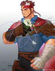 Rule 34 | 1boy, absurdres, amaimochi, bandaged arm, bandages, bara, beard, blind, cape, commission, cowboy shot, facial hair, flower, gloves, headband, highres, holding, holding flower, indie virtual youtuber, large hands, large pectorals, looking to the side, male focus, mature male, multicolored hair, muscular, muscular male, pectorals, red cape, red hair, ryuugen drake, scar, scar across eye, short hair, single glove, solo, streaked hair, virtual youtuber, watermark, white hair