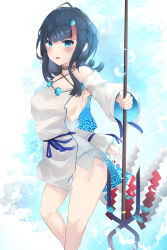 Rule 34 | 1girl, absurdres, bad id, bad pixiv id, bare shoulders, black hair, blue background, blue eyes, blue ribbon, blush, breasts, collarbone, dress, fate/grand order, fate/requiem, fate (series), fundoshi, highres, japanese clothes, jewelry, long sleeves, looking at viewer, magatama, magatama hair ornament, medium breasts, medium hair, megu (pixiv9460065), multicolored hair, necklace, open mouth, pelvic curtain, pink hair, polearm, puffy long sleeves, puffy sleeves, ribbon, seigaiha, short dress, sideboob, sideless outfit, solo, spear, streaked hair, thighs, utsumi erice, weapon, white dress