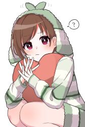 Rule 34 | ?, bare legs, blush, bright pupils, brown hair, cushion, heart, highres, hood, hooded jacket, idolmaster, idolmaster cinderella girls, interlocked fingers, jacket, looking at viewer, multicolored clothes, multicolored jacket, multicolored shorts, ngoyamagata, own hands together, red eyes, shorts, simple background, solo, spoken question mark, squatting, tsujino akari, white background, white pupils