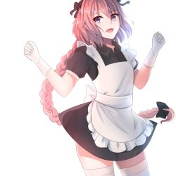 Rule 34 | 1boy, alternate costume, astolfo (fate), black bow, black ribbon, bow, braid, commentary, enmaided, fang, fate/apocrypha, fate (series), gloves, hair intakes, hair ribbon, highres, kawasakigrace, long braid, long hair, looking at viewer, maid, male focus, multicolored hair, open mouth, pink hair, purple eyes, ribbon, simple background, single braid, smile, solo, streaked hair, thighhighs, trap, very long hair, white background, white gloves, white thighhighs