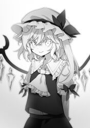Rule 34 | 144udy, 1girl, absurdres, ascot, buttons, closed mouth, collared shirt, crystal, flandre scarlet, foul detective satori, frilled shirt collar, frills, greyscale, hair between eyes, hat, highres, long hair, mob cap, monochrome, one side up, shirt, short sleeves, simple background, skirt, smile, solo, touhou, upper body, vest, white background, wings, wrist cuffs