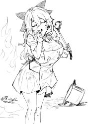 Rule 34 | 1girl, :o, absurdres, apron, bandaid, bow, breasts, broken, closed eyes, dirty, dirty clothes, drawfag, fire, greyscale, hair bow, hand up, highres, holding, holding ladle, katawa shoujo, ladle, large breasts, leaning forward, long hair, long sleeves, monochrome, pot, puffy long sleeves, puffy sleeves, satou lilly, solo