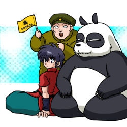 2boys braid braided_ponytail chinese_clothes flag hair_between_eyes jusenkyou_guide lowres multiple_boys panda ranma_1/2 saotome_genma_(panda) saotome_ranma star_(symbol) tangzhuang wanta_(futoshi)