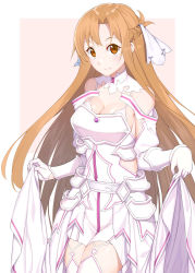 Rule 34 | 1girl, armor, armored dress, asuna (sao), bare shoulders, blush, border, breastplate, breasts, brown eyes, brown hair, cleavage, detached sleeves, dress, gloves, highres, lips, long hair, looking at viewer, medium breasts, parted bangs, pink background, raitho, skirt hold, smile, solo, sword art online, sword art online: alicization, sword art online: alicization - war of underworld, thighhighs, very long hair, white armor, white dress, white gloves, white thighhighs