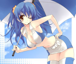 Rule 34 | 1girl, belt, bent over, blue hair, blush, breasts, brown eyes, cleavage, hair ribbon, hand on own hip, hip focus, large breasts, leaning forward, long hair, midriff, miniskirt, navel, one eye closed, pencil skirt, race queen, ribbon, skirt, smile, solo, thighhighs, umbrella, wink, yellow eyes, yukiwo, zettai ryouiki