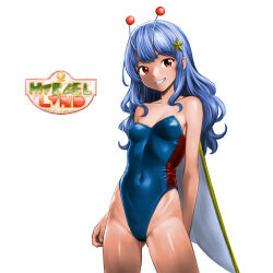 Rule 34 | 1girl, antennae, arm behind back, bare shoulders, blue hair, blue leotard, breasts, cape, character request, cleavage, copyright name, covered navel, fake antennae, gluteal fold, grin, groin, hair ornament, highleg, highleg leotard, highres, leotard, long hair, looking at viewer, marvel land, medium breasts, minamoto80486, red eyes, smile, solo, star (symbol), star hair ornament, strapless, strapless leotard, thighs, white cape