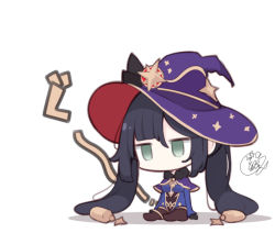 Rule 34 | 1girl, beni shake, black hair, blue dress, breasts, brown pantyhose, chibi, commentary request, dress, empty eyes, full body, genshin impact, green eyes, hair between eyes, hair ornament, hat, hungry, long hair, medium breasts, mona (genshin impact), no shoes, pantyhose, purple hat, shadow, signature, sitting, solo, stomach growling, twintails, very long hair, white background, witch hat