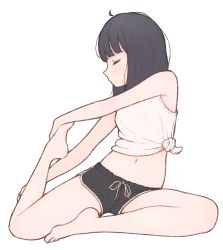 Rule 34 | 1girl, 1ssakawaguchi, ahoge, armpit peek, bare arms, bare legs, bare shoulders, barefoot, black hair, black shorts, blunt bangs, blush, closed eyes, closed mouth, dolphin shorts, drawstring, facing to the side, from side, full body, hand on own foot, hand on own leg, highres, leg up, legs, medium hair, midriff, navel, original, outstretched arms, profile, short shorts, shorts, simple background, sitting, sleeveless, solo, straight hair, stretching, tank top, u u, white background, white tank top