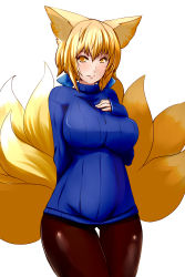 Rule 34 | 1girl, alternate costume, animal ears, blonde hair, breasts, dearmybrothers, female focus, fox ears, fox tail, hand on own chest, highres, huge breasts, looking at viewer, multiple tails, pantyhose, ribbed sweater, simple background, smile, solo, sweater, tail, thigh gap, touhou, white background, yakumo ran, yellow eyes
